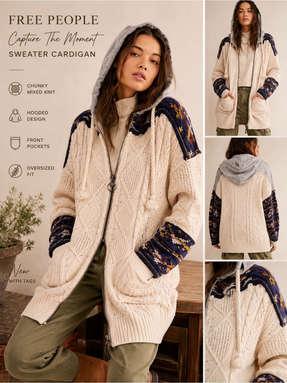 Free People Capture The Moment Hooded Sweater Cardigan Oversized Boho Jacket NWT - Picture 7 of 7